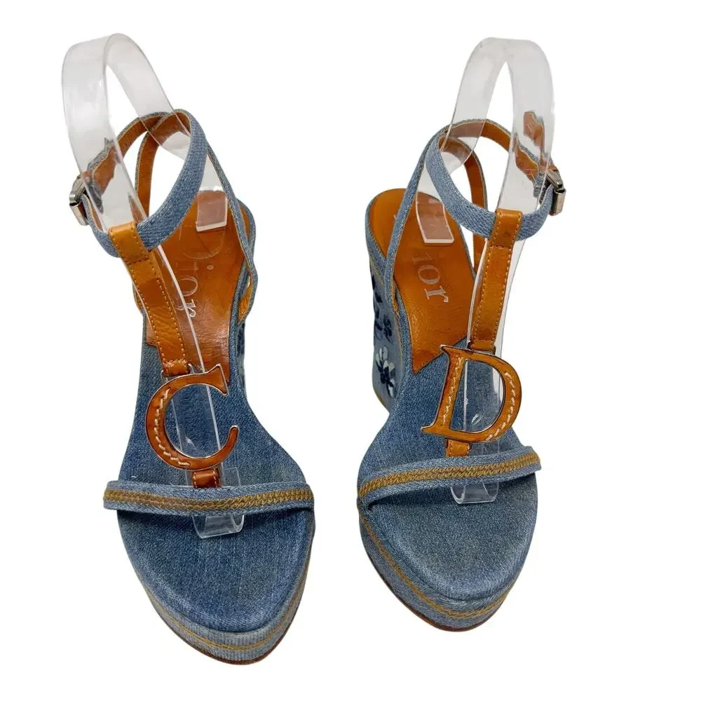 Christian Dior Galliano Denim Floral Embroidered CD Wedge Sandals Size 37